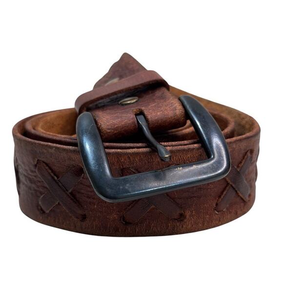 Aeropostale Mens Brown Distressed Leather Belt X Pattern Sz XL 44"x1.5" Wide - Picture 3 of 7
